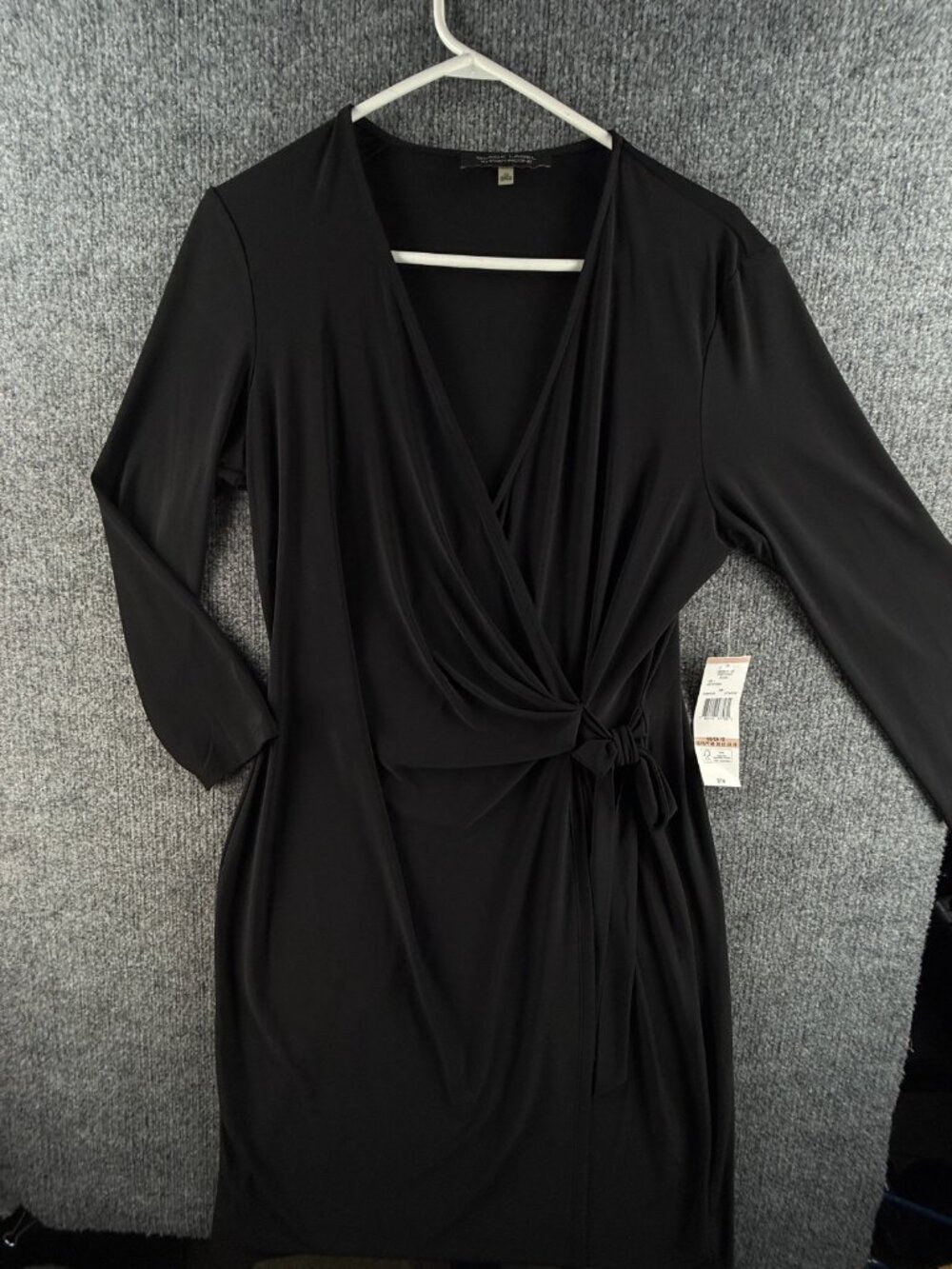 NWT Black Label Evan Picone Faux Wrap Dress Size 12 Stretch 3/4 Sleeve Cocktail